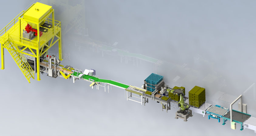 自动上袋→自动夹袋→定量称重→自动包装→折边热合缝包→自动倒袋→金属检测→重量复检→整形输送→自动码垛